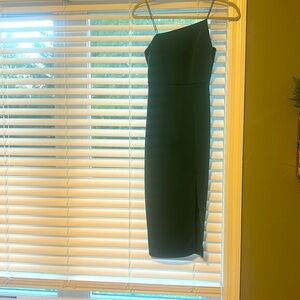 Chic emerald polyester/spandex midi asymmetrical, spaghetti straps, back zipper